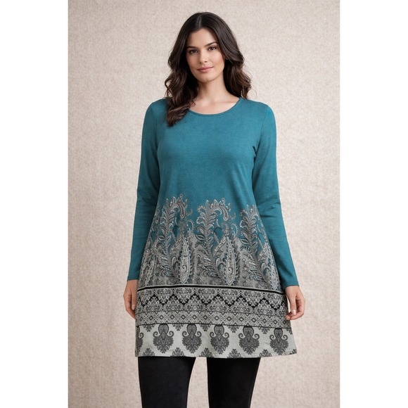 J. Jill Tops - J Jill Wearever Collection Tunic Women S Teal  Paisley Border Print